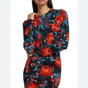 Lela Rose Vibrant Red and Black Floral Long Sleeve Dress